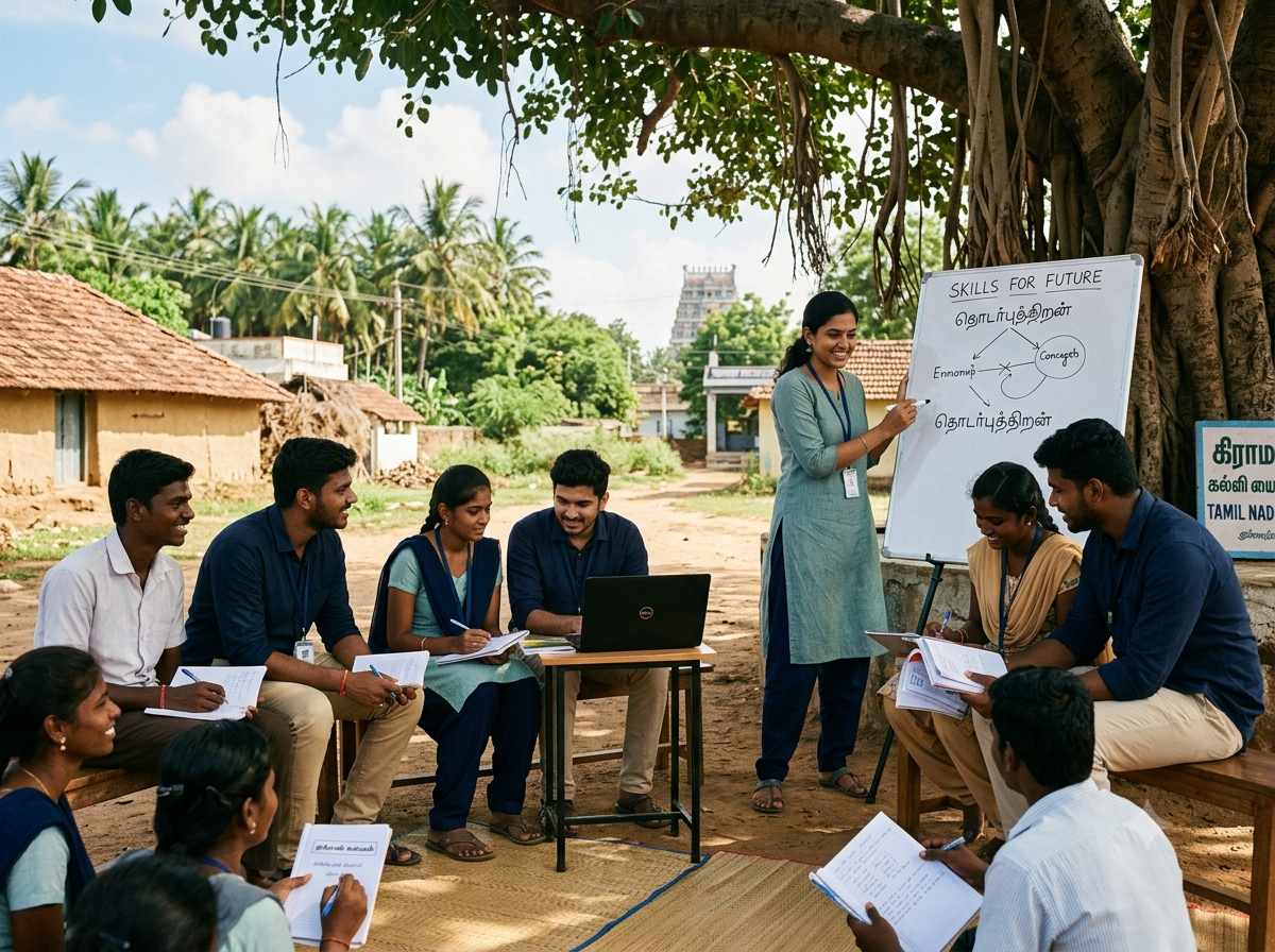 Volunteers educating college students in a rural Tamil Nadu village